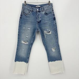 Zara Women Jeans 4 Blue Two-tone Distressed Raw Hem Streetwear-Style Edgy Trendy